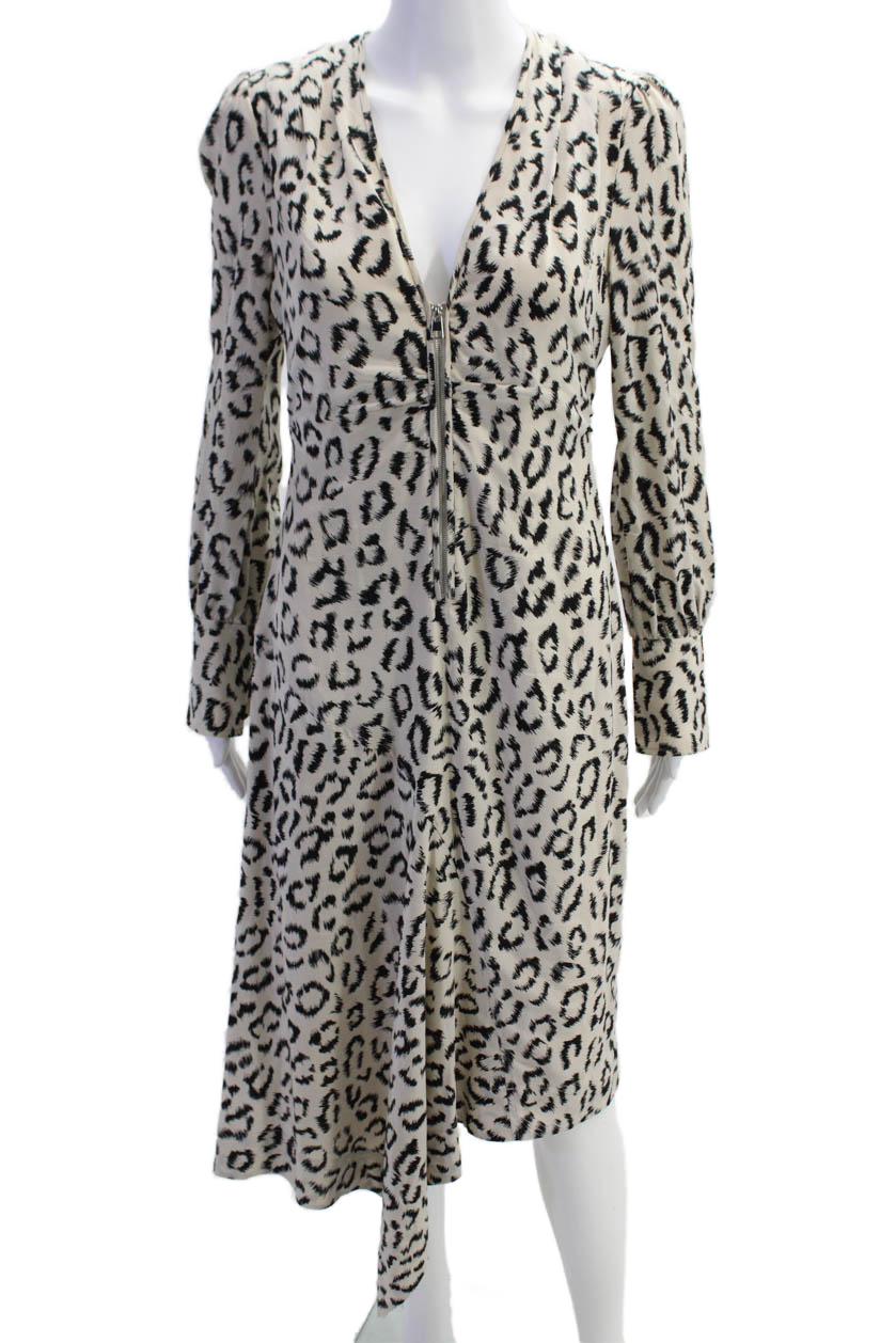 ALC Womens Silk Animal Print Zippered Long Sleeve Midi Dress Beige Size 4