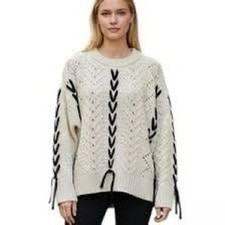Retrod Sweater Women's M Cream Black Cable Ribbed sweater w/ braided details