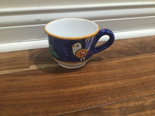 Solimene Vietri ? Bird Chicken Mug Coffee Cup  Blue  Italy SMALL NICK 3''X4''