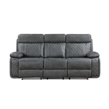 Leather Power Reclining Sofa Couch with USB, Diamond Quilted Stitching, Grey