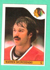 (1) WARREN SKORODENSKI 1985-86 O-PEE-CHEE # 255 HAWKS GOALIE ROOKIE NM  (G0671)