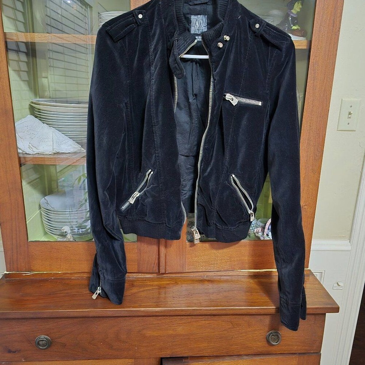 ジャケット・アウター armani exchange short velour jacket Velour bomber jacket with contrasting bands on the sleeves
