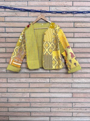 Gelb Gesteppte Baumwolle Patchwork Jacke Handmade Damen Bekleidung