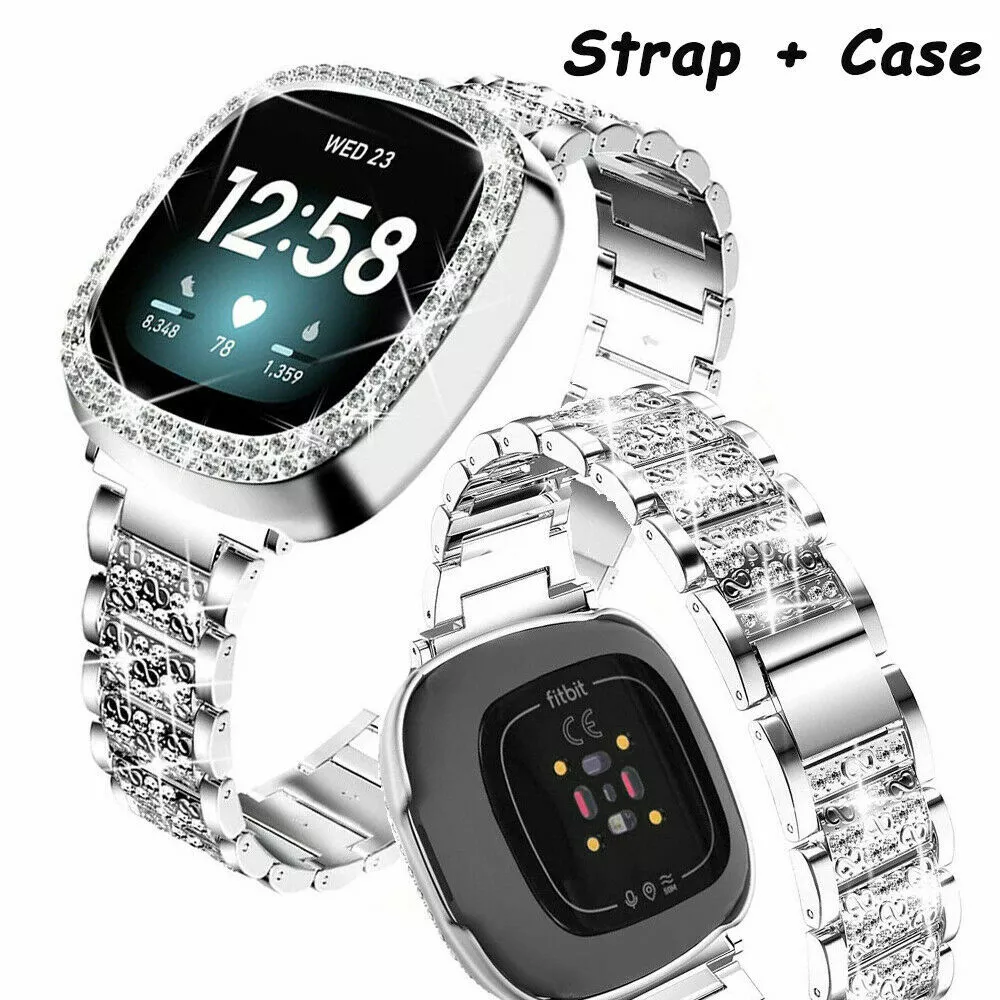 For Fitbit Versa 2 Watch Band Bling Stainless Steel Bracelet Strap+Diamond  Case