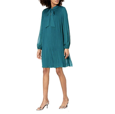 DKNY Women's Long Sleeve Tie Neck Pleated Dress