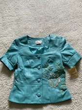 Spiegel Women Sequin Floral Short Sleeve Scoop Leather Jacket Turquoise Size 6