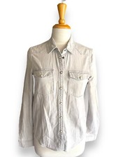 ALLSAINTS Pearl Snap Shirt Long Sleeve Distressed Cotton Size 6, Light Gray