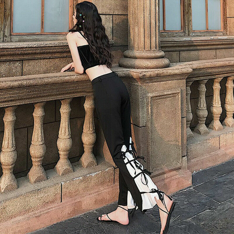 パンツ melt the lady gothic wide pants black Lady Gothic Pants Punk Flare Trouser Lace Up Bell Bottom Splice