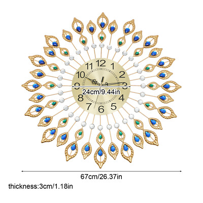 Luxury Crystal Peacock Wall Clock Metal Wall Watch Living Room Decor Gift Large