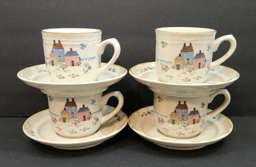 4 Vintage Heartland Coffee Cups & Saucers International Stoneware Farm Geese