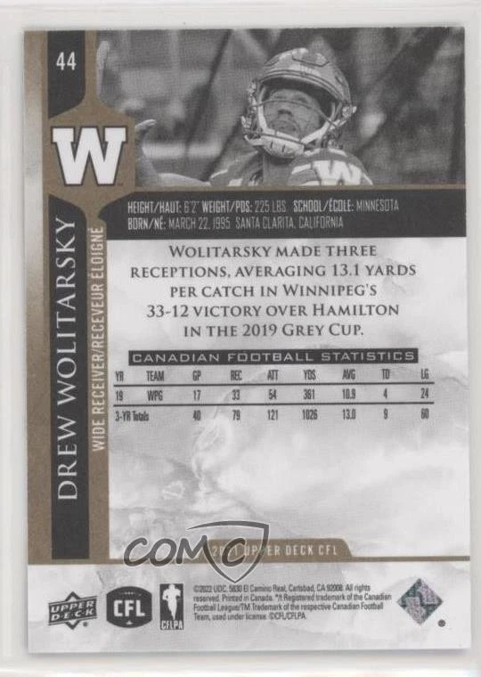 2021 Upper Deck CFL Gold /50 Drew Wolitarsky #44 - Image 2 of 2