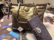 Coach Gold Leather Tote Brown Embossed Wallet Logo 2 Piece Set for Women