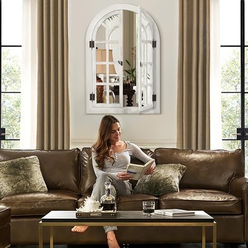 Arched Wall Mirror -Window Mirrors for Wall Decor Wood 30"L x 20"W White Wood - Picture 4 of 7