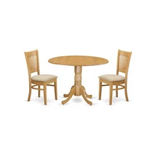 3-Piece Mid-Century Dining Set, Drop Leaf Table, 2 Linen Fabric Chairs, Oak