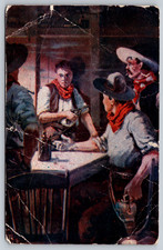 Postcard Artist Cowboys Guns Saloon