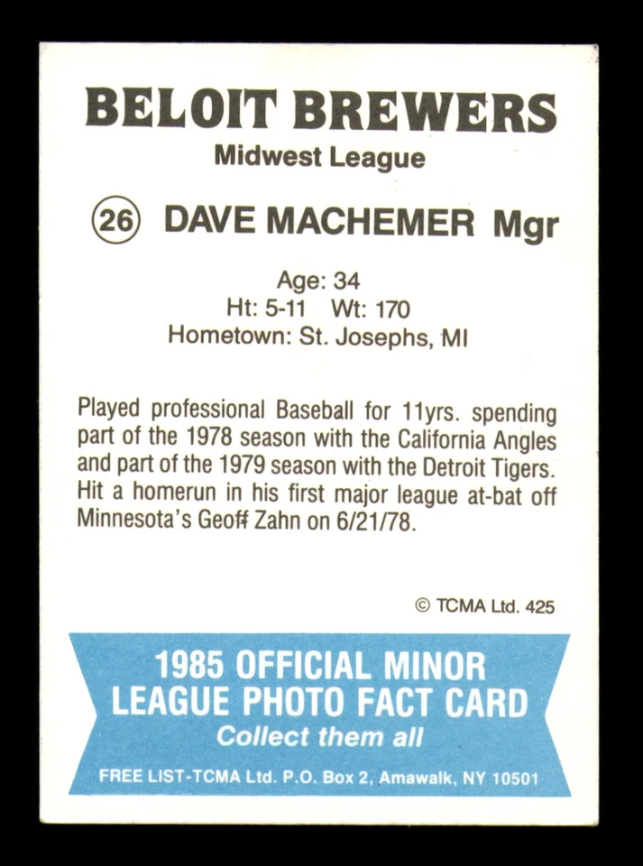 Dave Machemer Autographed Signed 1985 TCMA Card #26 Beloit Brewers - Image 2 of 2