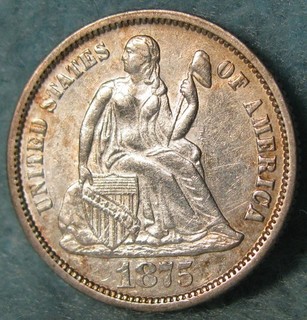 1875 Seated Liberty Silver Dime Near Uncirculated Old US Coin