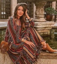 Abito Zara Halley Berry etnico indiano a righe ricamato maxi boho pom pom raro