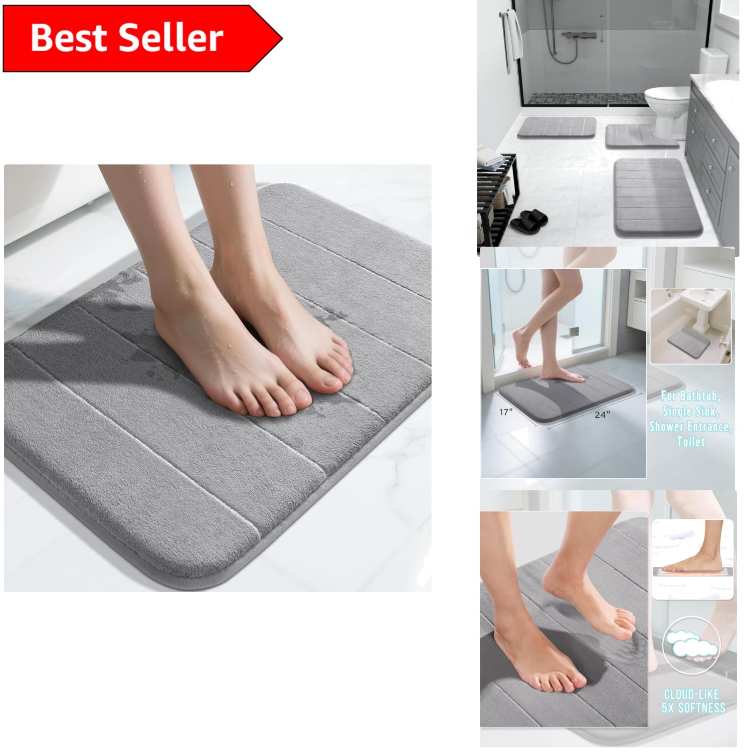 Non-Slip Gray Memory Foam Bath Mat 24x17 Washable Family-Size  