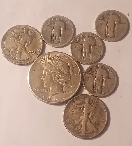 $3 Face 90% Silver 1-Peace Dollar 2-W/L Halves 4- Liberty Qtrs Worn Junk Bullion