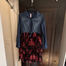 Justice Fit Flare Denim Floral Dress Girls 14/16 Long Sleeve Collared