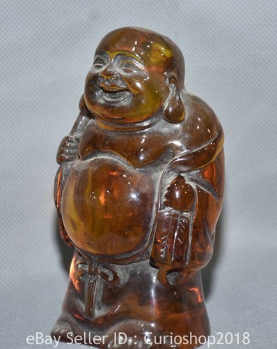 4.6" Old Chinese Buddhism Amber Carving Happy Laugh Maitreya Buddha Sculpture - 第 3/4 張圖片