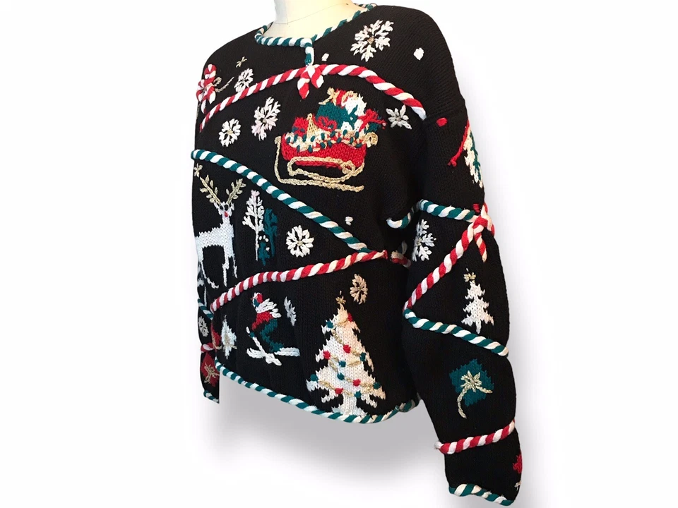 Suéter De Colección Años 80 DBL Negro Feo Navidad Bastones de Caramelo Mezcla de Algodón Talla L Foto 3 de 4