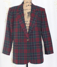 Vtg Sag Harbor Wool Blend Maroon Green Blue Tartan Plaid Blazer Womens 10 Petite