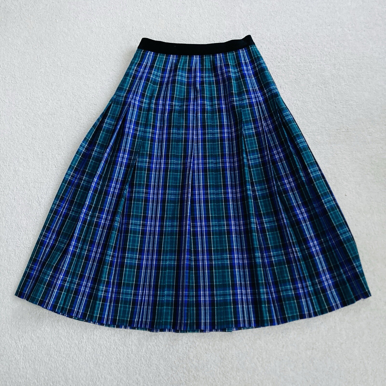 Maxi falda plisada vintage Viyella verde azulado a cuadros tartán 100 % lana pura talla 14