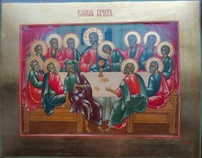 ANTIGUO ICONO RUSO PINTADO A MANO DE LA ÚLTIMA CENA SOBRE ORO, KOVCHEG (1775)