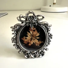 Vintage Miniature Mini Picture Frame Round Brooch Pin Rose Bow Dried Flower 2"