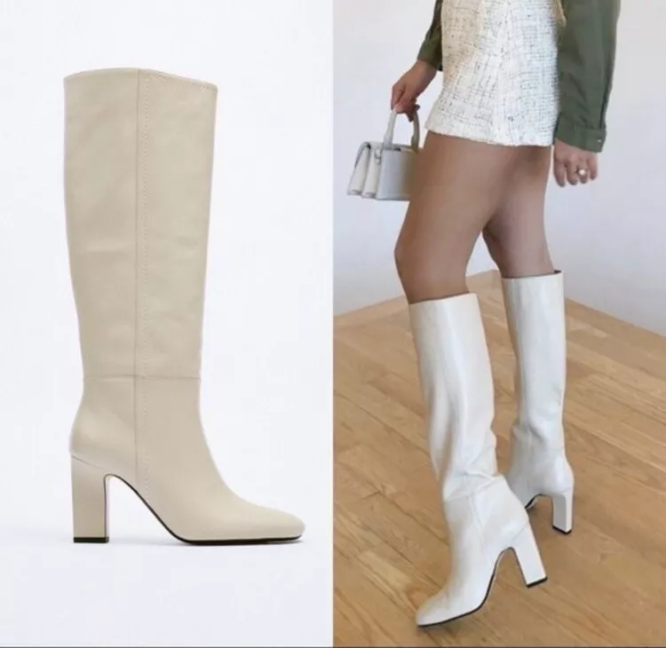 Zara knee high leather boots white cream blogger byfar toteme khaite the  row