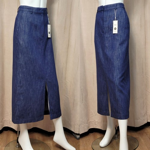 M&S Linen blend DENIM Front Split MAXI Column SKIRT ~ Size 10 ~ BLUE