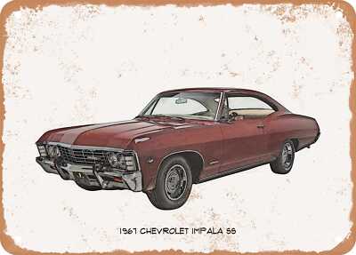 Classic Car Art - 1967 Chevrolet Impala SS Pencil Sketch - Rusty Look Metal Sign