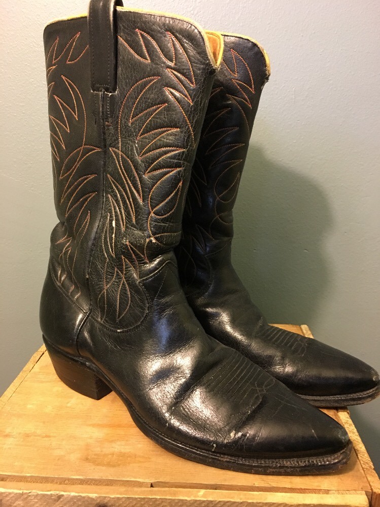 Vtg 50s 60s Justin Black Leather Cowboy Boots Mens 10 Western