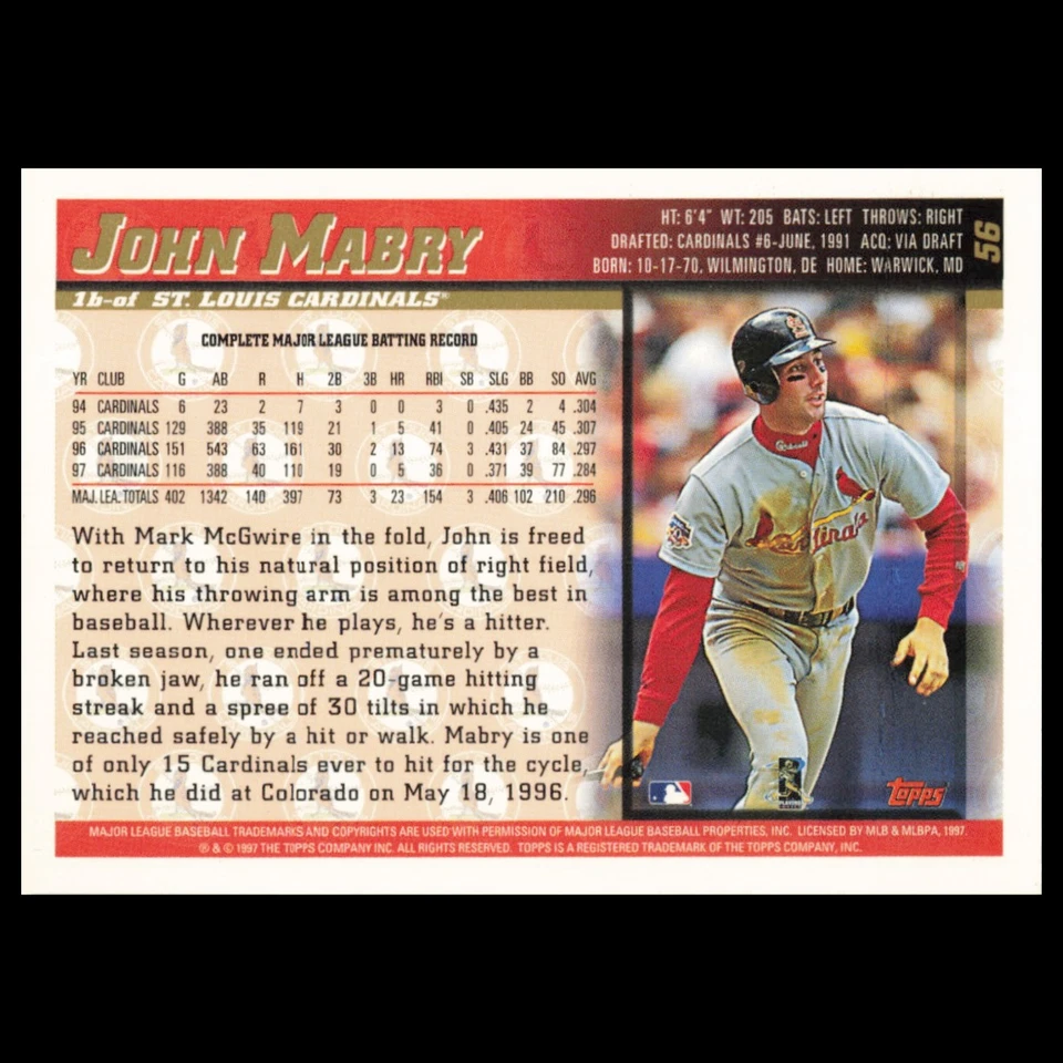 John Mabry #56 1998 Topps St. Louis Cardinals Baseball Card MLB NM - Image 2 of 3