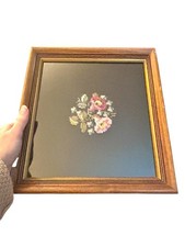 Vtg Framed Completed Petite Floral Needlepoint Flowers Black Pink Green