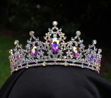 Small Holographic Crystal Tiara Bridal Silver Pink Crown Birthday Wedding Gift