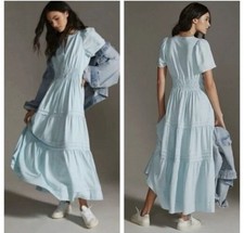 Anthropologie Dress Somerset Maxi Linen Blend Light Sky Blue Tiered Size L