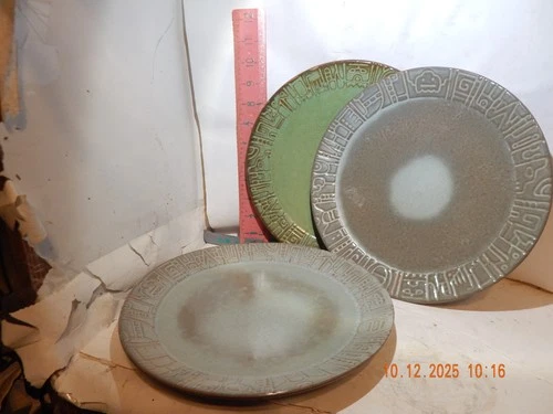 Frankoma trio of Aztec Pattern in Prairie Green and Patina Green - Marked 7FL