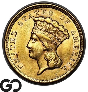 1854 Three Dollar Gold Piece $3 Indian Head Princess Lustrous Choice BU !