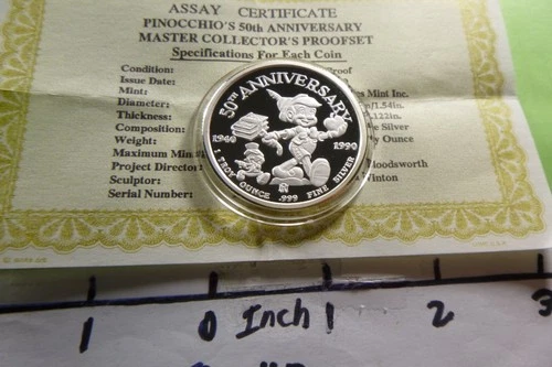 PINOCCHIO DISNEY 50TH ANNIVERSARY MASTER PROOF 1940-1990 COA 999 SILVER COIN 3NO