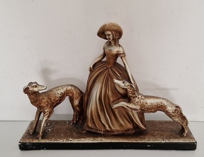 Art Deco Style Sculpture | Woman with Two Greyhounds | Signed 