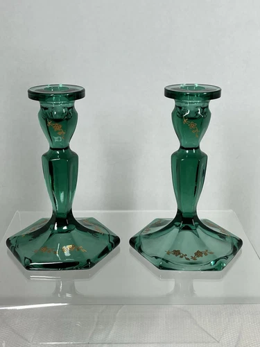 Vtg Fenton Glass Set Of Candlesticks Spruce Green W/ Gold Flowers 1997