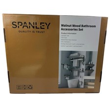 New in Box Spanley Walnut Wood Aluminum Bathroom Hardware Accessories Set 7pc