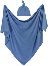 Baby Swaddle Blanket with Hat Set Newborn Swaddle Wrap Receiving Blanket   Blue