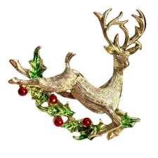 Gerry's Reindeer Holly Brooch Enamel Christmas Holiday Vintage Next DayShip