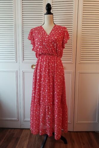 NWT Fashion Women's Red Floral Faux Top Wrap Short Sleeves Dress Size M