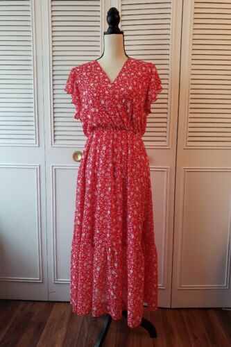 NWT Fashion Women's Red Floral Faux Top Wrap Short Sleeves Dress Size M ...