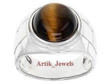 Bague En Argent Plaqué Or Blanc 14K Avec Oeil De Tigre Naturel Pour Homme #718